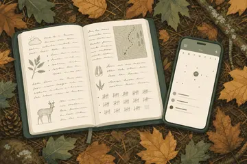 狩猟記録のノートとスマートフォン